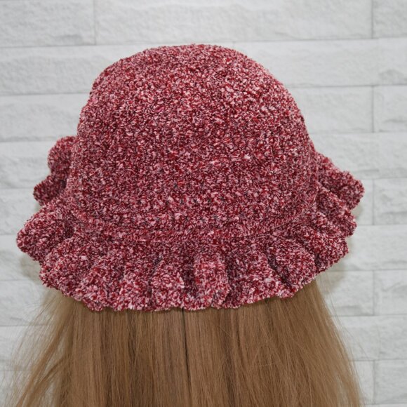 HAND CRAFTED Hat Crochet Bucket Chenille Winter Full Ruffle Red Burgundy Marled - Picture 4 of 12